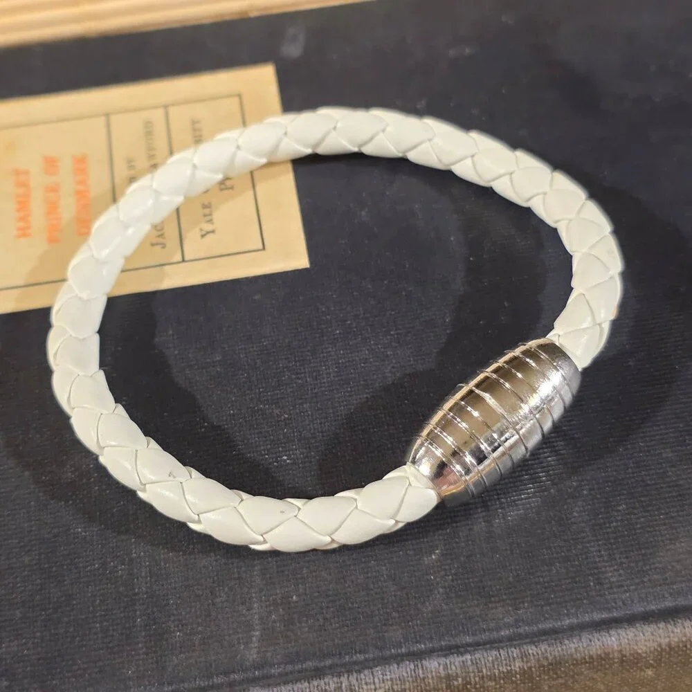 Braided Thick White Vegan Leather Magnetic Clasp Bangle Bracelet
